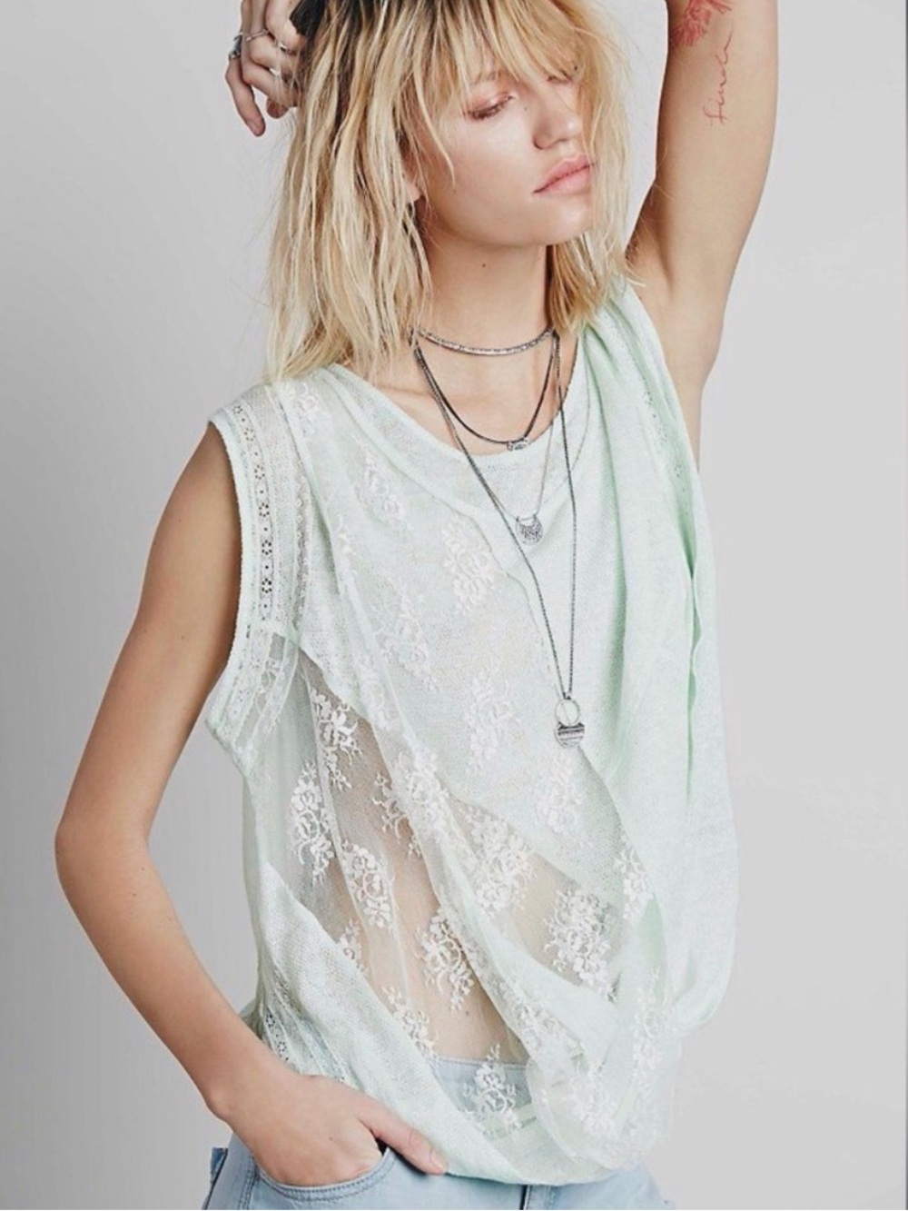 Free People Green New Romantics Twist and Shout Lace and Linen Tank